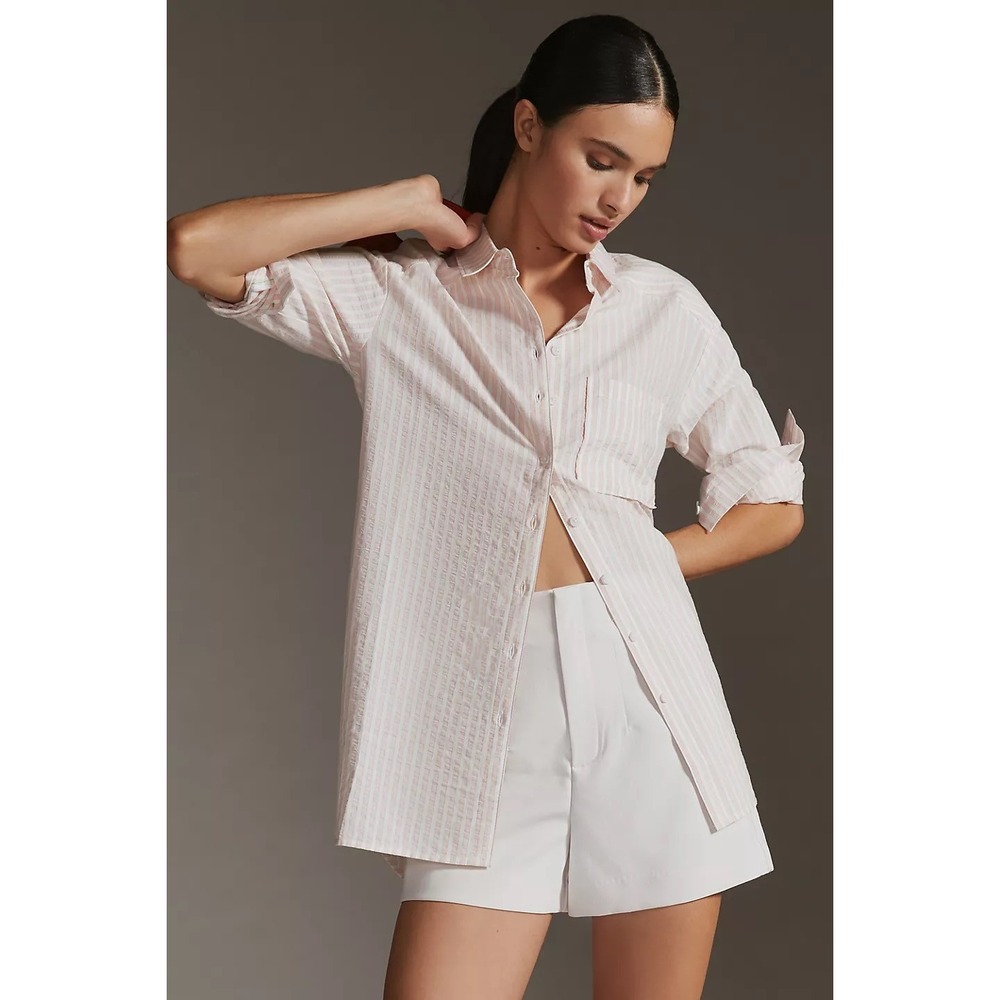 By ANTHROPOLOGIE Longline Button Down Pink White Stripe Shirt Buttondown Large‎